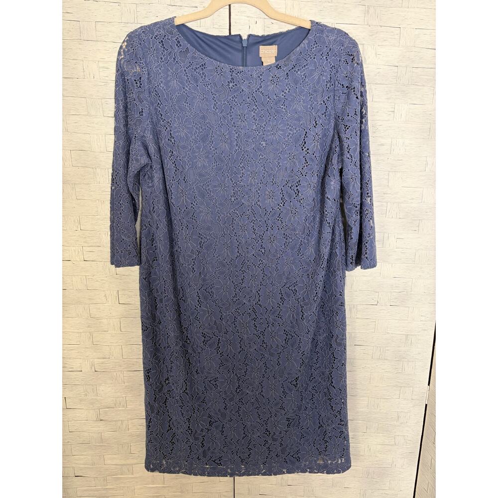 Chico's Women's lace Dress evening 3/4 sleeve lavender‎ sheath weeding guest